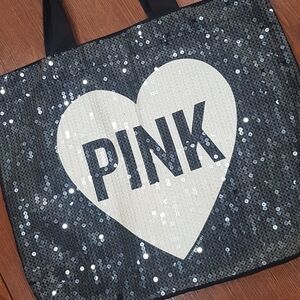 PINK Victoria's Secret Sequin Heart  Large Tote Bag in Black and White